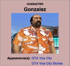 Jorge Pupo as Gonzalez. Grand  Theft Auto 3 - Vice City / Vice City Stories - Rockstar Games - Motion Capture: Diaz, Gonzales, Old Man Kelly - Voices:  Gonzales, Alberto Robina